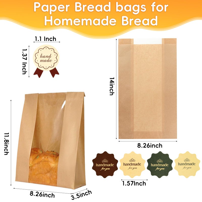 Funcoo 60 pcs Bread Bags for Homemade Bread Paper Sourdough Bread Bakery Storage Bags with Window, Large Bakery Bread Loaf Bags for Baked Goods Packaging, Label Seal sticker included - Image 2